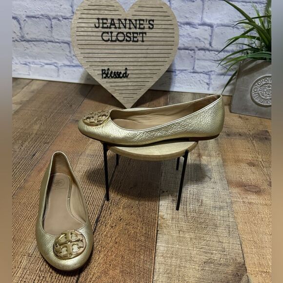 Tory Burch - Claire Metallic Tumbled Leather Ballet Flats Spark Gold 5.5 - Picture 1 of 14